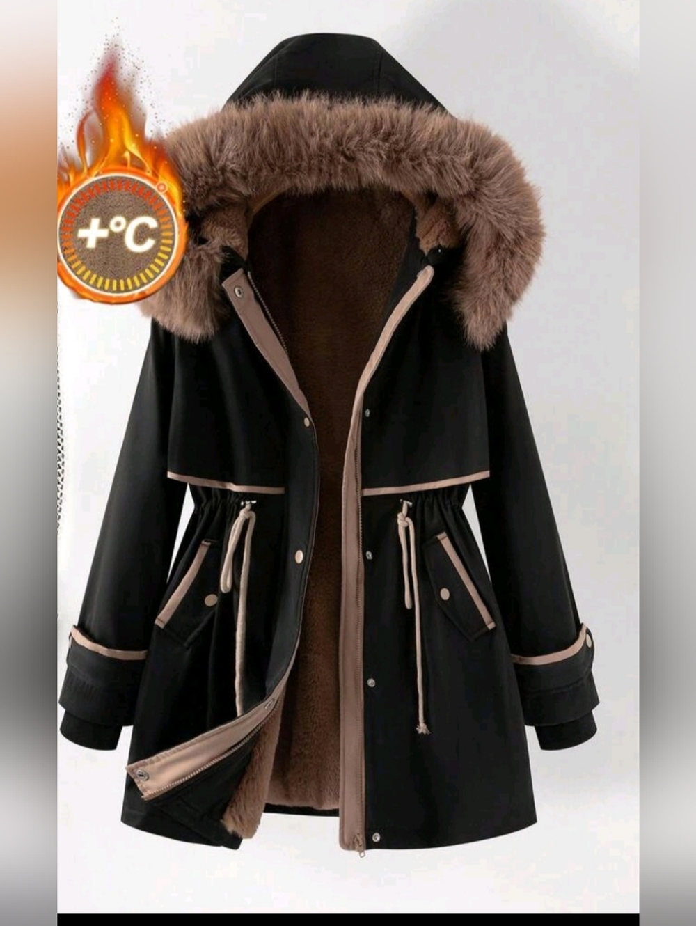 Curvy Plus Size Women's Daily casual Black Long Sleeved Hooded Fur Collar Lining